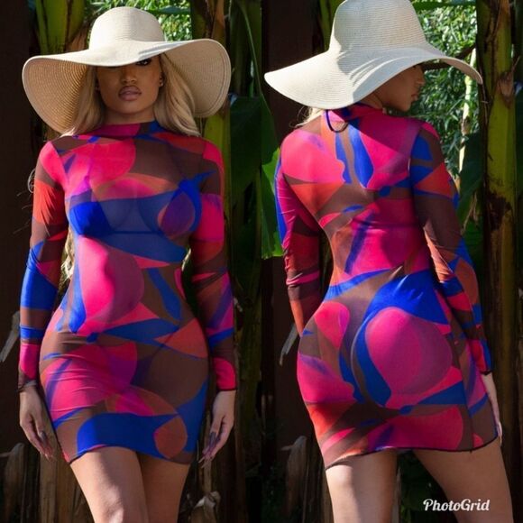 Matte Collection Dillon Pink Blue Swirl Mesh Swim Crewneck Coverup Mini Dress - Picture 1 of 8